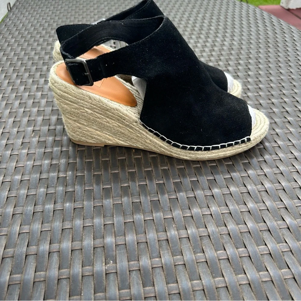 New GAP Black Suede Leather Espadrille Raffia Wedge Sandals, Size 11, Open Toe